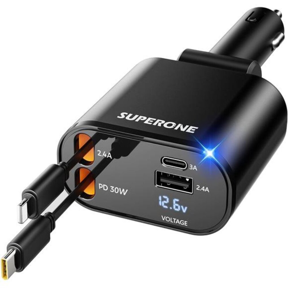 Retractable Car Charger 4 in 1, Fast Car Phone Charger with Cord 2.6ft, USB C